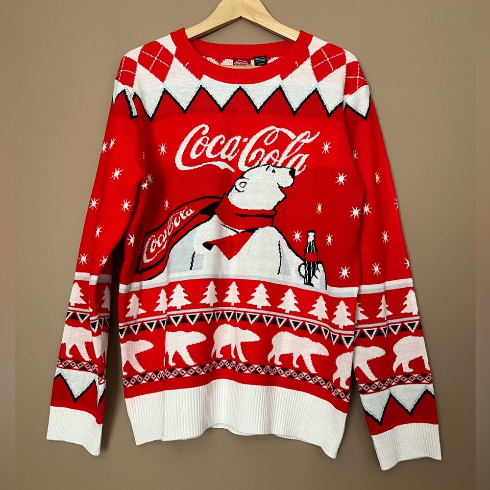 {Coca Cola} Polar Bear Christmas Sweater in Red & White - Mens Large